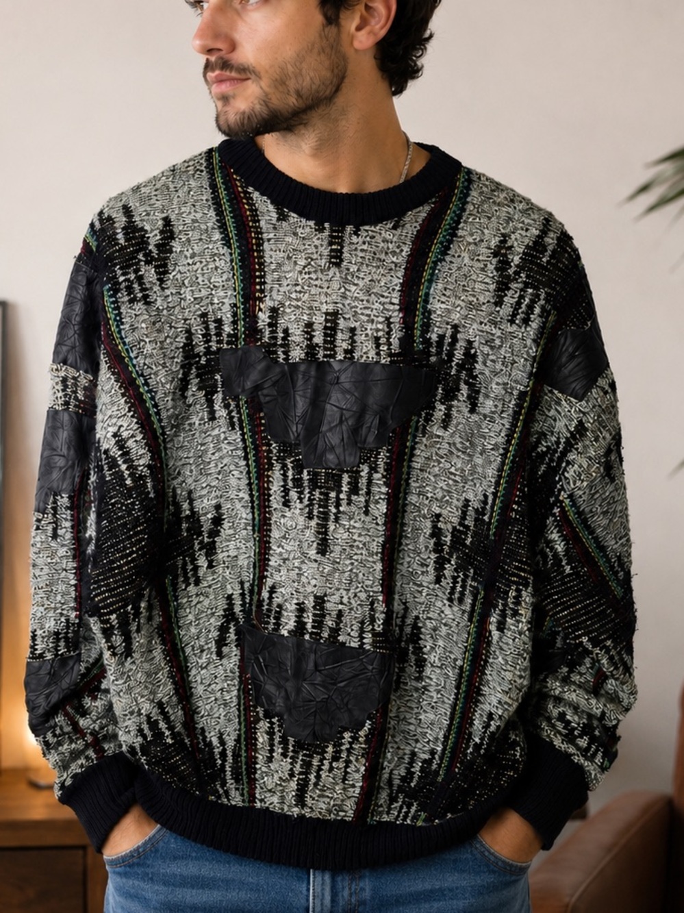 Vintage Juice Men’s L Leather Patch Grandpa Sweater 80s 90s Retro Eclectic